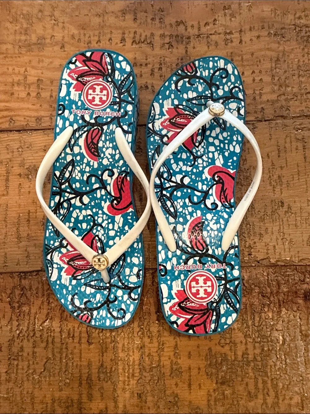 Tory Burch “Thandie” Blue & Pink Floral Platform Sandals with White Straps